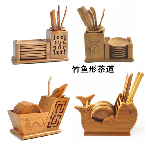 5Cgo 13140653508 竹鏤空雙托茶具套裝 祥福茶盤擺件 茶道配件 杯托杯墊 茶夾 茶鏟 竹大雙拖組合  CJS84000