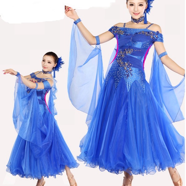 5Cgo 20278082183 媚羽摩登舞衣網紗裙擺 比賽服 國標舞裙社交舞衣鑲鑽蕾絲長裙舞蹈服 AGL86200