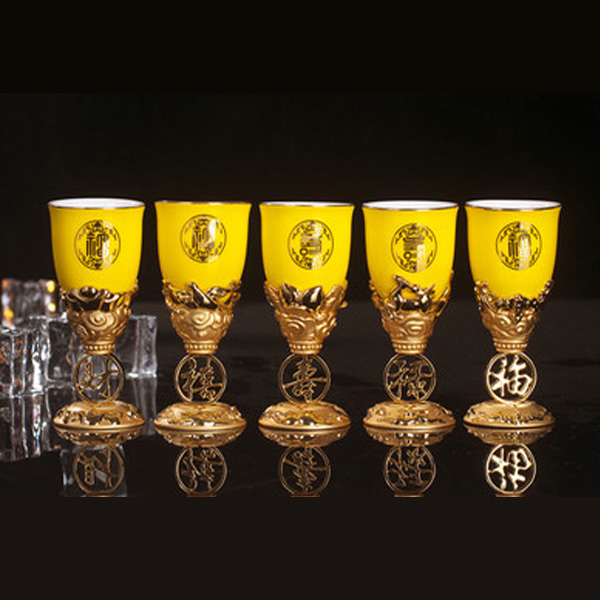 5Cgo 40673591667 龍醉帝王黃福祿壽喜財酒杯24k鍍金白酒杯佳節禮品祝賀禮品收藏品 一套 WXP05500