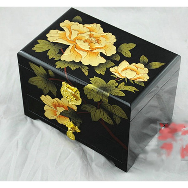 5Cgo 35814014822 平遙推光漆器首飾盒 21CM三層 結婚嫁粧生日禮品手工木質 浮紋金牡丹 AGL04100