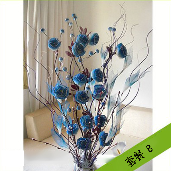 5Cgo 9074629784 葉脈幹花藍玫瑰歐式仿真假插花藝客廳臥室家居落地套裝飾擺件酒店會所居家玄關大堂書房乾花花藝設計擺設婚慶新居喬遷禮物 CHX31100
