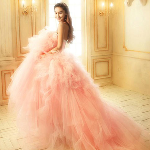 5Cgo  40218726242 新娘結婚禮服 公主婚紗禮服韓版粉紅羽毛時尚拖尾彩紗  伴娘禮服伴娘服  GSX80300