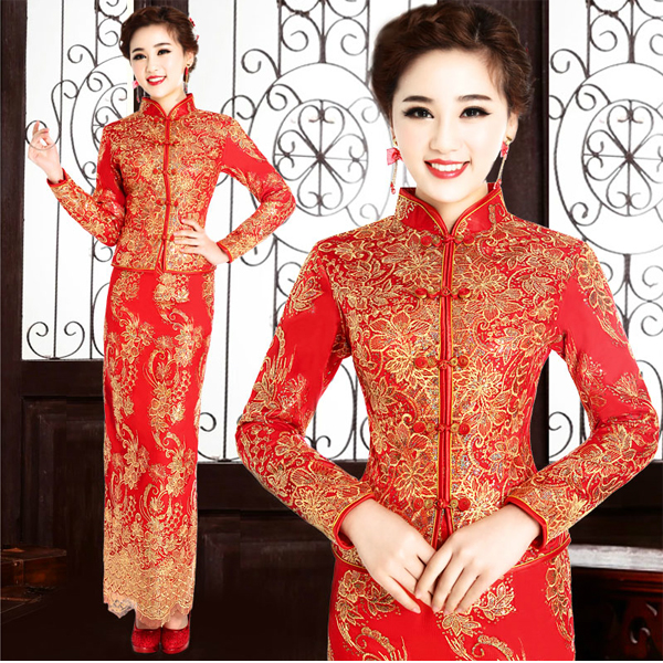 5Cgo  36653265522  新娘結婚禮服敬酒服中式紅色結婚禮服秀禾服長款長袖新娘旗袍 伴娘禮服伴娘服  GSX82200