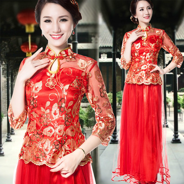 5Cgo  35914064249 新娘結婚禮服複古中袖新娘敬酒服 紅色中式結婚敬酒禮服 伴娘禮服伴娘服 GSX80200