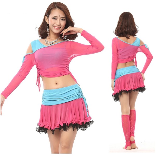 5Cgo 43486397683 飛魅肚皮舞演出服長袖網紗練功服舞蹈舞衣蕾絲飄逸舞裙含腳套莫代爾 AGL92100
