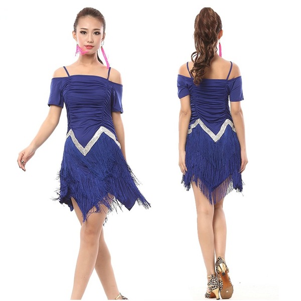 5Cgo 43536753506 飛魅拉丁舞比賽服表演服舞衣舞裙流蘇亮片露肩吊帶連身裙裙成人女 AGL89000 