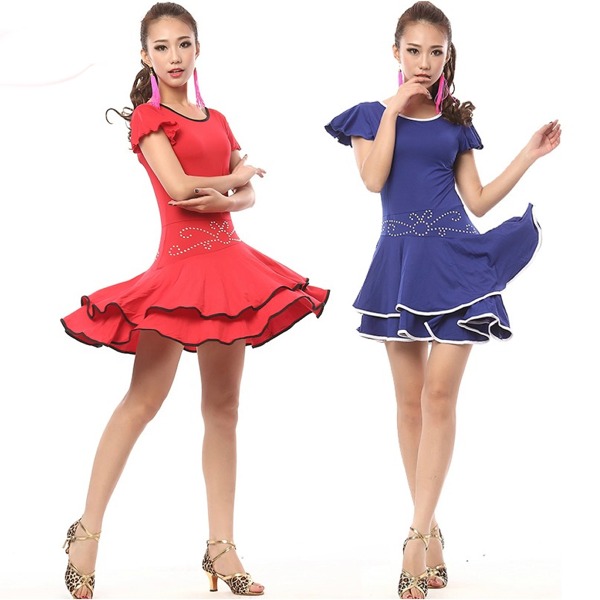 5Cgo 43514814228 飛魅廣場舞服裝套裝舞蹈服舞衣舞裙拉丁舞服短袖燙鑽連衣裙+安全褲 三色AGL87000