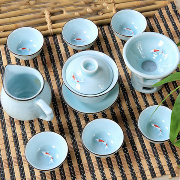 5Cgo 38219323250 功夫茶具套裝陶瓷茶杯龍泉青瓷蓋碗茶碗魚杯品茗杯泡茶杯蓋碗 九件套 WXP57000