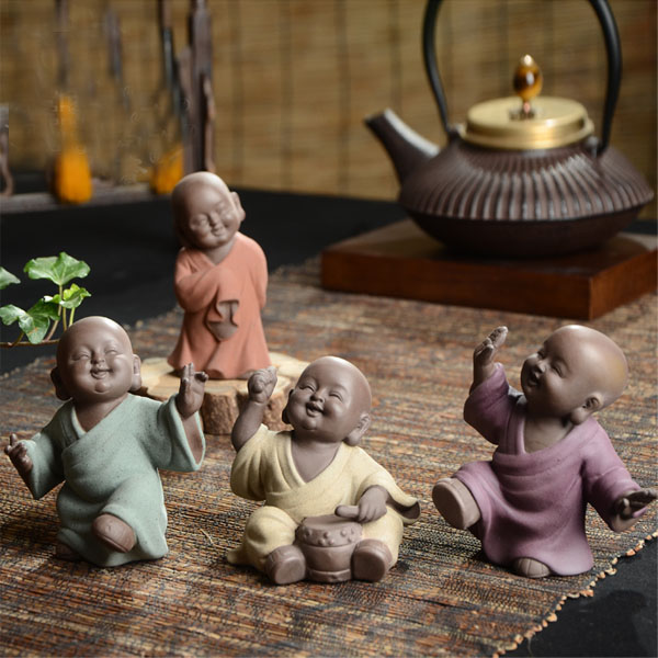 5Cgo 44095659599 歡欣鼓舞茶寵擺件小和尚彩砂陶瓷茶寵精品紫砂茶寵手工茶具配件小沙彌小和尚一套   LAY09100