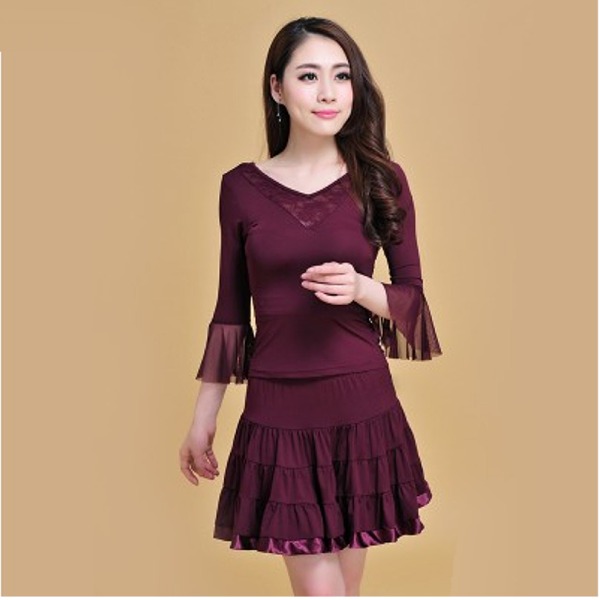 5Cgo 41840863736 廣場舞服裝成人舞女舞裙女中袖網紗跳舞服舞蹈裙練習 多色 AGL09000 