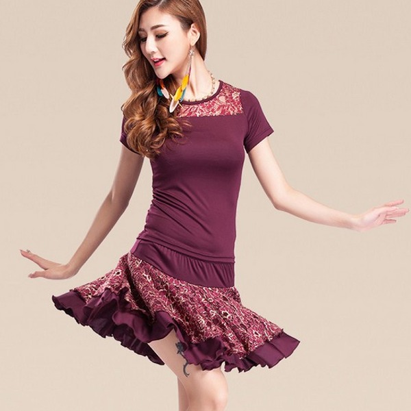 5Cgo 44181104031 廣場舞服裝舞衣舞裙拉丁舞 春夏舞蹈服蕾絲碎花短袖褶皺短裙 AGL98000