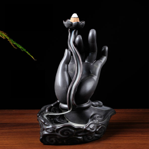 5Cgo 41178668805 蓮花佛手倒流香爐陶瓷送禮熏香爐倒流煙塔香錐盤香黑泥紫砂觀音佛手煙霧行雲繚繞韻味香味  LAY04100