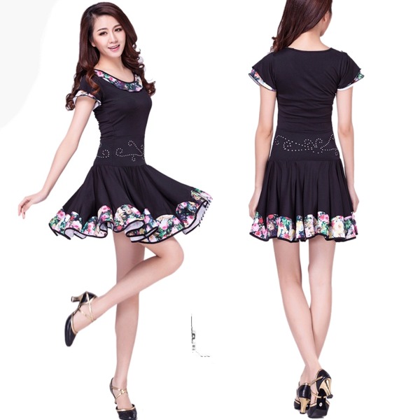 5Cgo 43923026552 廣場舞服裝印花拼接拉丁舞連衣裙女成人短袖表演舞蹈舞衣舞裙連身裙+安全褲 AGL99000