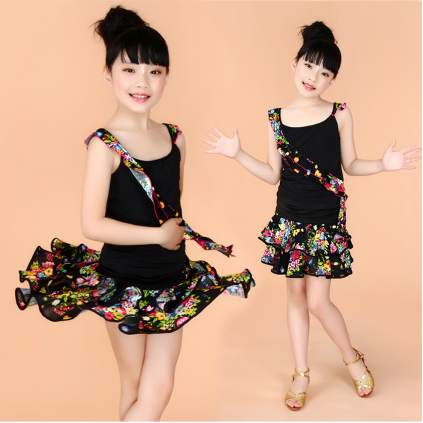 5Cgo  38887765585 碎花兒童拉丁舞服表演服裝舞蹈服少兒拉丁舞練習套裝   拉丁舞裙  GSX07000