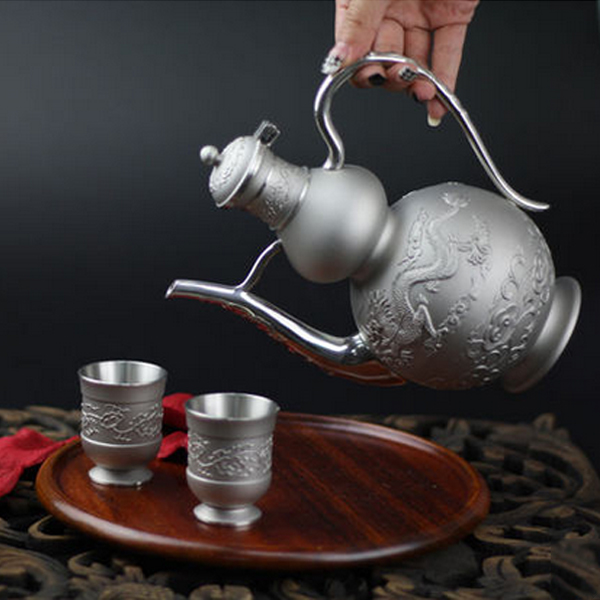 5Cgo 18441249990 錫器蟠龍酒具套裝手工藝品家用酒壺酒杯茶杯溫酒壺燙酒壺暖酒器錫壺春節禮品儲物罐存儲罐 一壺4杯一盤  LAY87110