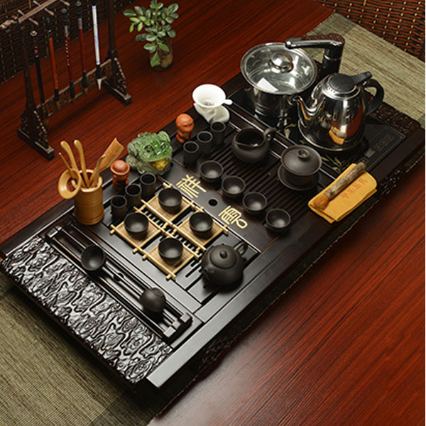 5Cgo 14010533556  陶瓷茶具電磁爐整套功夫茶具實木茶盤茶海茶道茶文化泡茶壺托盤柯木祥雲配黑款紫砂茶桌 LAY88400
