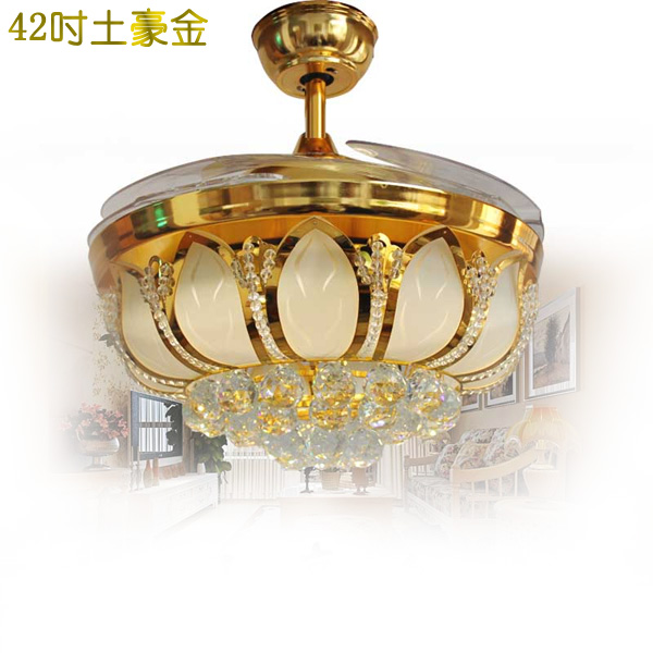5Cgo 41835369473 金色水晶吊扇燈隱形風扇燈伸縮折疊LED燈吊扇-110V 42吋土豪金   LKM86800