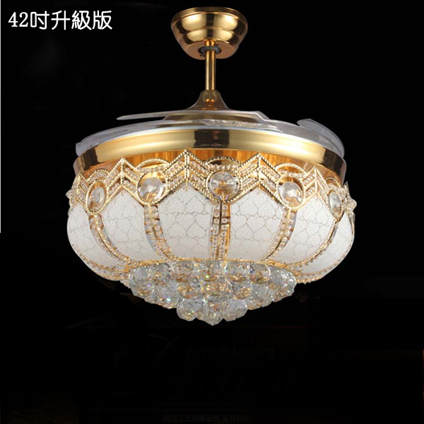 5Cgo 41835369473 金色水晶吊扇燈隱形風扇燈伸縮折疊LED燈吊扇-110V 42吋升級款   LKM05900