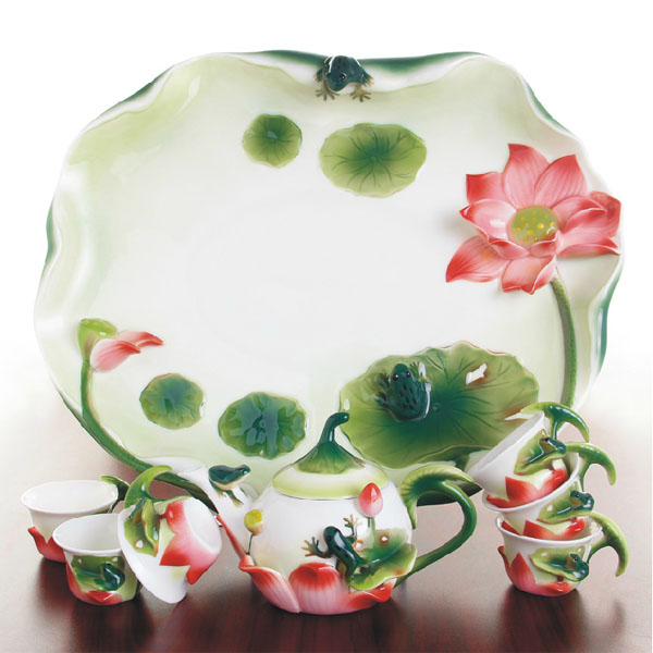 5Cgo 12978127949 青蛙茶具荷花陶瓷功夫青花瓷琺瑯瓷茶盤套裝陶瓷茶杯茶海茶臺泡茶壺飲茶品茶彩瓷  LAY07200