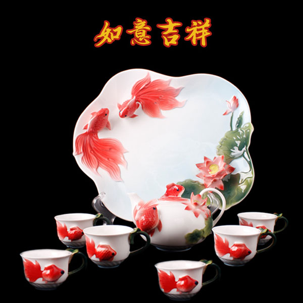 5Cgo 27429512569 琺瑯陶瓷金魚功夫茶具套裝茶盤茶壺茶杯茶道青花瓷茶臺茶海飲茶品茶彩瓷  LAY81200