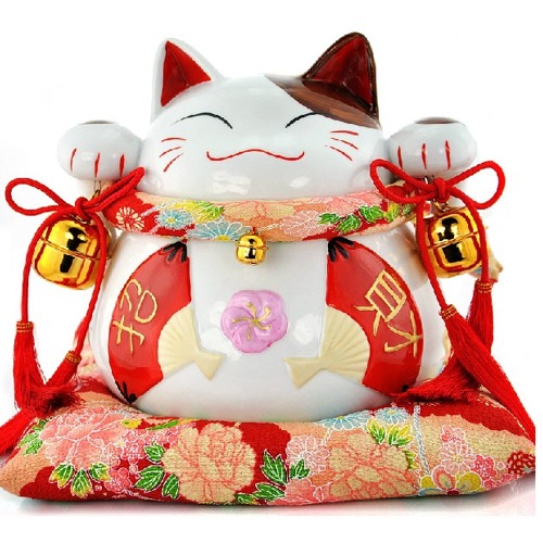 5Cgo 12231894008 招財貓 紅扇招財 平安鈴 陶瓷擺件\結婚\開業\禮物 9寸 MIK06100