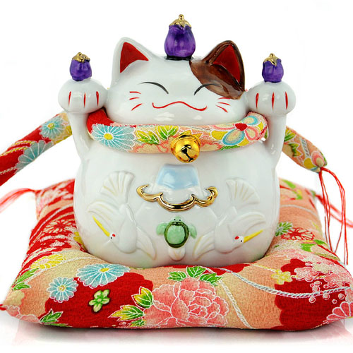 5Cgo 9551065842 彩色茄子招材貓 陶瓷擺件/開業禮品/家居擺設 骨瓷禮物 6寸 MIK82100