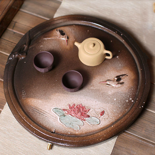 5Cgo  36675795289 宜興紫砂茶盤荷花鳥石頭茶臺茶海茶船大號排水式圓形陶土彩釉功夫茶具 44cm  LAY09300