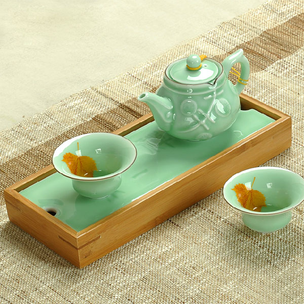 5Cgo 45147347712 青瓷茶具套裝陶瓷幹泡功夫辦公茶具壹壺兩杯帶竹茶盤茶道配件 4件套  LAY86200