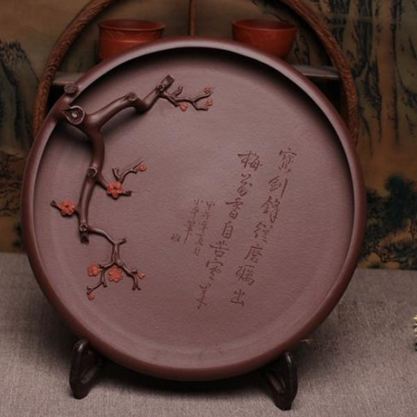 5Cgo 40560052527 宜興紫砂手工紫泥蠟梅堆花圓形大茶盤名家花貨功夫茶具梅花茶海茶臺 28cm  LAY08010