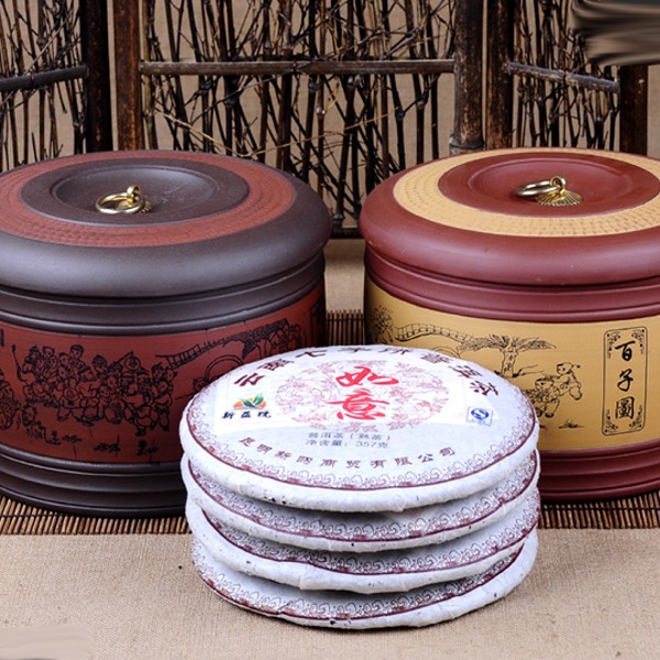 5Cgo 38570952958 普洱茶葉罐紫砂罐紫砂茶葉罐雲南七子餅百子圖醒茶罐紫泥段泥 可裝四餅 AGL88200