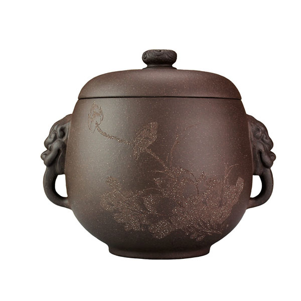 5Cgo  41440124049 紫砂茶葉罐手工醒茶罐雙耳貔貅普洱罐密封罐裝茶罐紫泥製作功夫茶具刻花  LAY09700