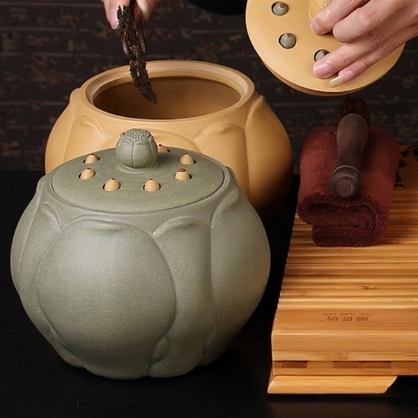 5Cgo 22373123407 紫砂茶葉罐陶瓷醒茶罐普洱茶罐紫砂缸蓮子烏龍茶龍井段泥綠泥 裝500g AGL85200