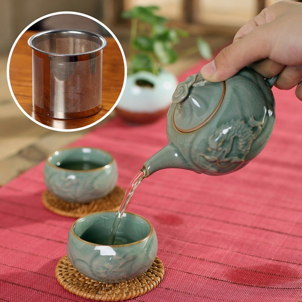 5Cgo 45064812560 哥窯神龍陶瓷茶具茶壺辦公不鏽鋼濾網泡茶快客杯 一壺二杯 AGL97000