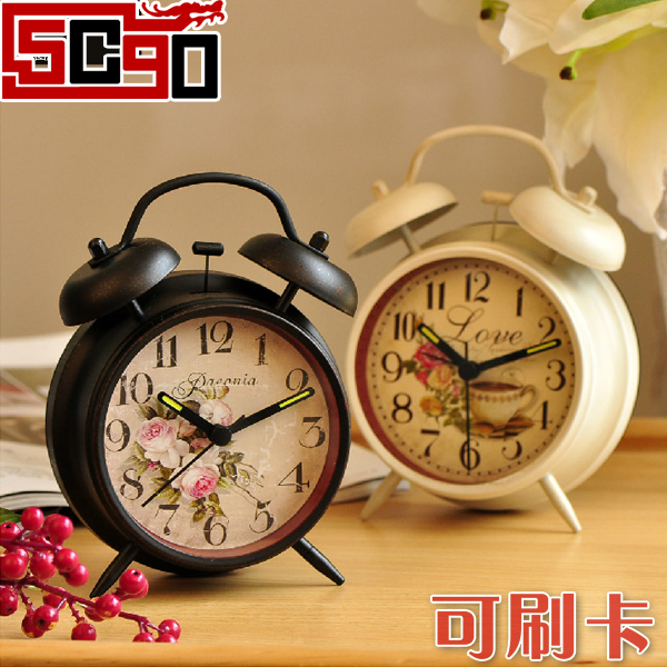 5Cgo 歐式花鳥桌面可愛創意靜音正品夜光 懶人特大號鐵藝鬧鐘表 P54000