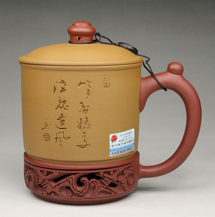 5Cgo 14340806830 紫砂杯雙色帶蓋茶杯縷空雕刻花浪段泥馬克杯原礦手工製作  LAY08100