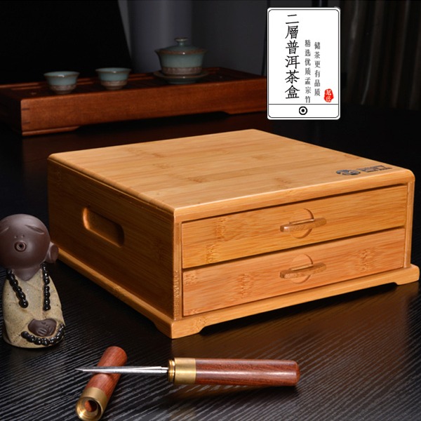 5Cgo 90514395904 普洱茶盒竹制竹子茶具普洱分茶葉罐醒茶盤茶罐功夫泡茶收藏-雙層 AGL93100