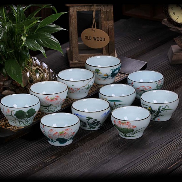 5Cgo 37862639636 手繪彩繪陶瓷品茗杯龍泉青瓷陶瓷茶盞茶杯水杯泡茶杯 約80ml 十個杯 AGL0110