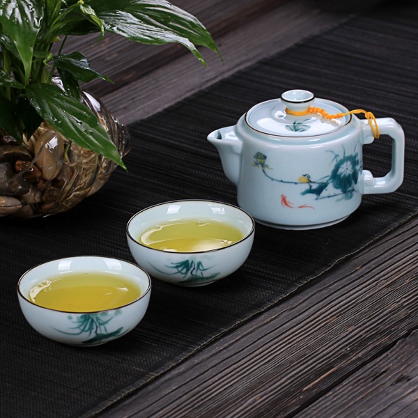 5Cgo 44093182494 手繪青瓷快客杯 旅行便攜辦公陶瓷蓋碗 辦公室個人泡茶茶具茶杯 一壺二杯 AGL05000