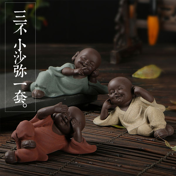 5Cgo 44299813002 三不小沙彌茶寵擺件小和尚精品紫砂茶寵彩砂陶瓷茶寵手工茶具配件茶玩茶趣 三個一組  LAY50100