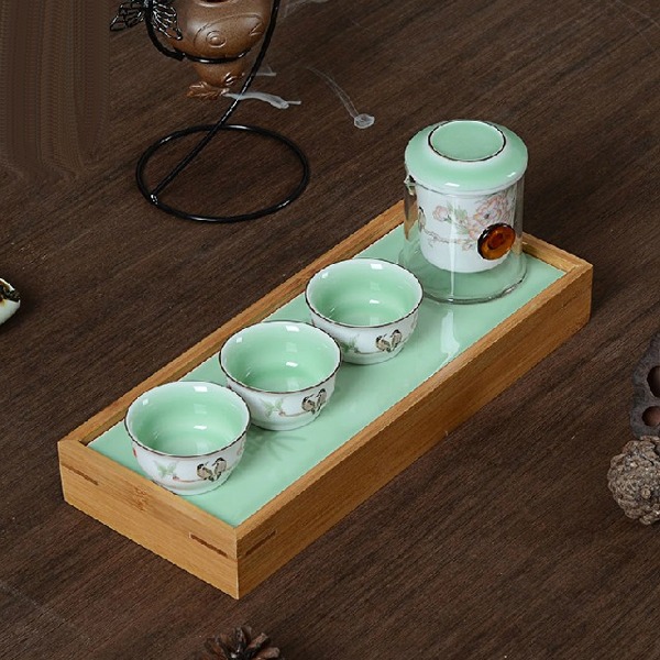 5Cgo 44884162818 龍泉青瓷茶具 陶瓷竹制茶盤小套功夫茶具套裝一壺三杯玻璃泡茶壺 AGL45100