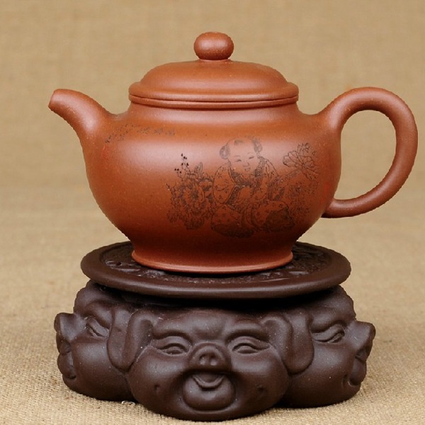5Cgo 41544682209 紫砂壺托茶托壺蓋托架杯托 招財納福五福笑臉豬紫泥壺座 AGL85000