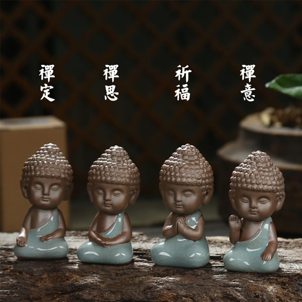 5Cgo  44722644230 精品茶寵佛像小和尚紫砂汽車飾品小如來哥窯汝窯茶寵茶盤配件辦公 四隻一組  LAY27000