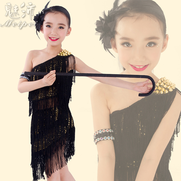 5Cgo 45246352760 兒童拉丁舞服裝女 少兒 拉丁舞演出服單肩拉丁舞裙流蘇表演服 兒童舞衣  GSX80100