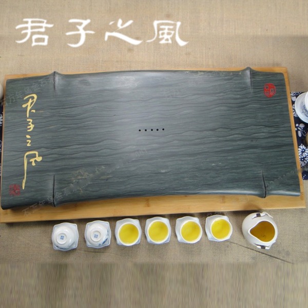 5Cgo 38105395196 君子之風皇家綠檀木紋石茶盤黑金石石頭茶海茶船烏金石 75*35cm