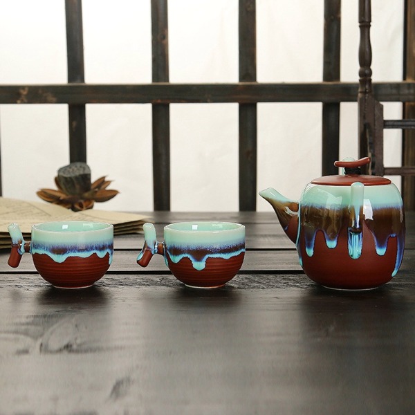 5Cgo 41407985894 流鈞釉功夫茶具快客杯便攜旅行出遊茶具辦公個人泡茶杯茶壺 一壺兩杯 AGL56000