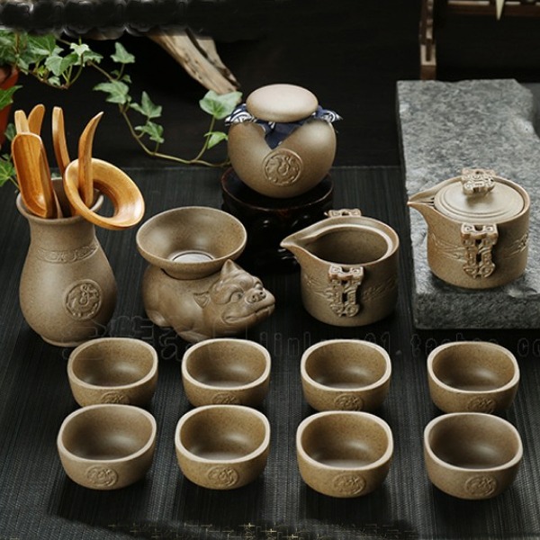 5Cgo 45410227199 禪茶一味古陶粗陶老岩泥泡茶茶具組浮雕陶瓷紫砂陶茶杯茶壺茶海六君子 14件套 AGL87100
