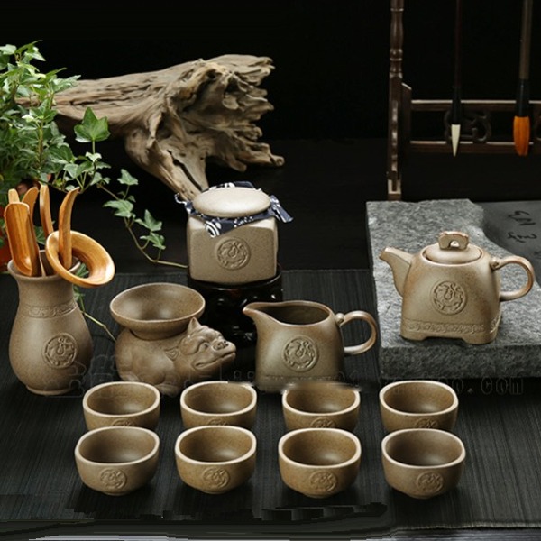 5Cgo 45410227199 虎嘯生風古陶粗陶老岩泥泡茶茶具組浮雕陶瓷紫砂陶茶杯茶壺茶海六君子 14件套 AGL87100