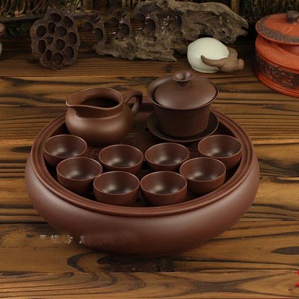 5Cgo 25692008608 紫砂朱泥黑泥茶壺整套茶具組陶瓷蓋碗小口杯公杯配圓茶盤26cm 11件套 AGL05000
