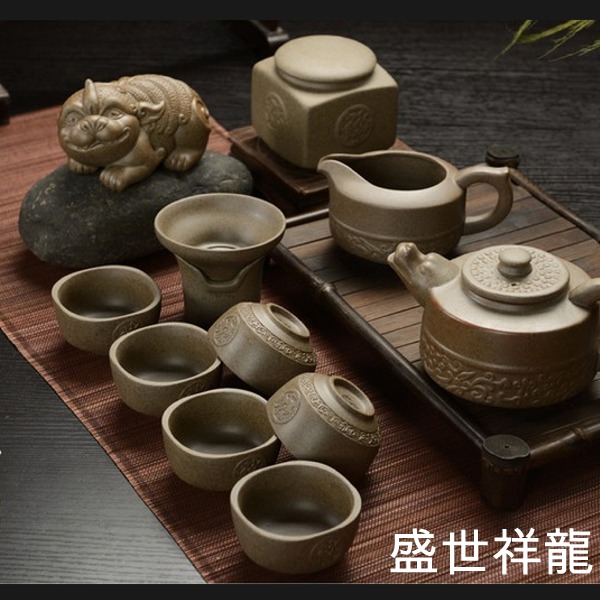 5Cgo 35766220986 復古陶瓷功夫泡茶茶杯茶壺紫金沙粗陶整套茶瓷器浮雕茶具套裝盛世祥龍如意 11件套 AGL99100