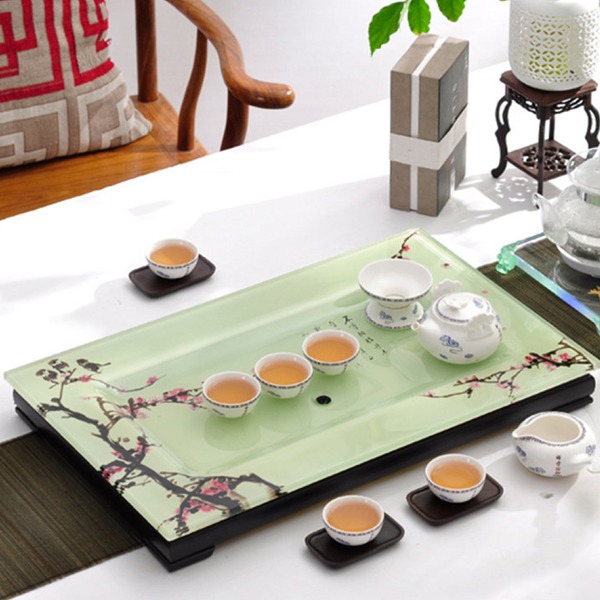 5Cgo 45612228948 陶瓷茶盤彩繪耐熱玻璃茶盤含木底架排水功夫茶具茶海茶臺茶托 58*36cm AGL89200